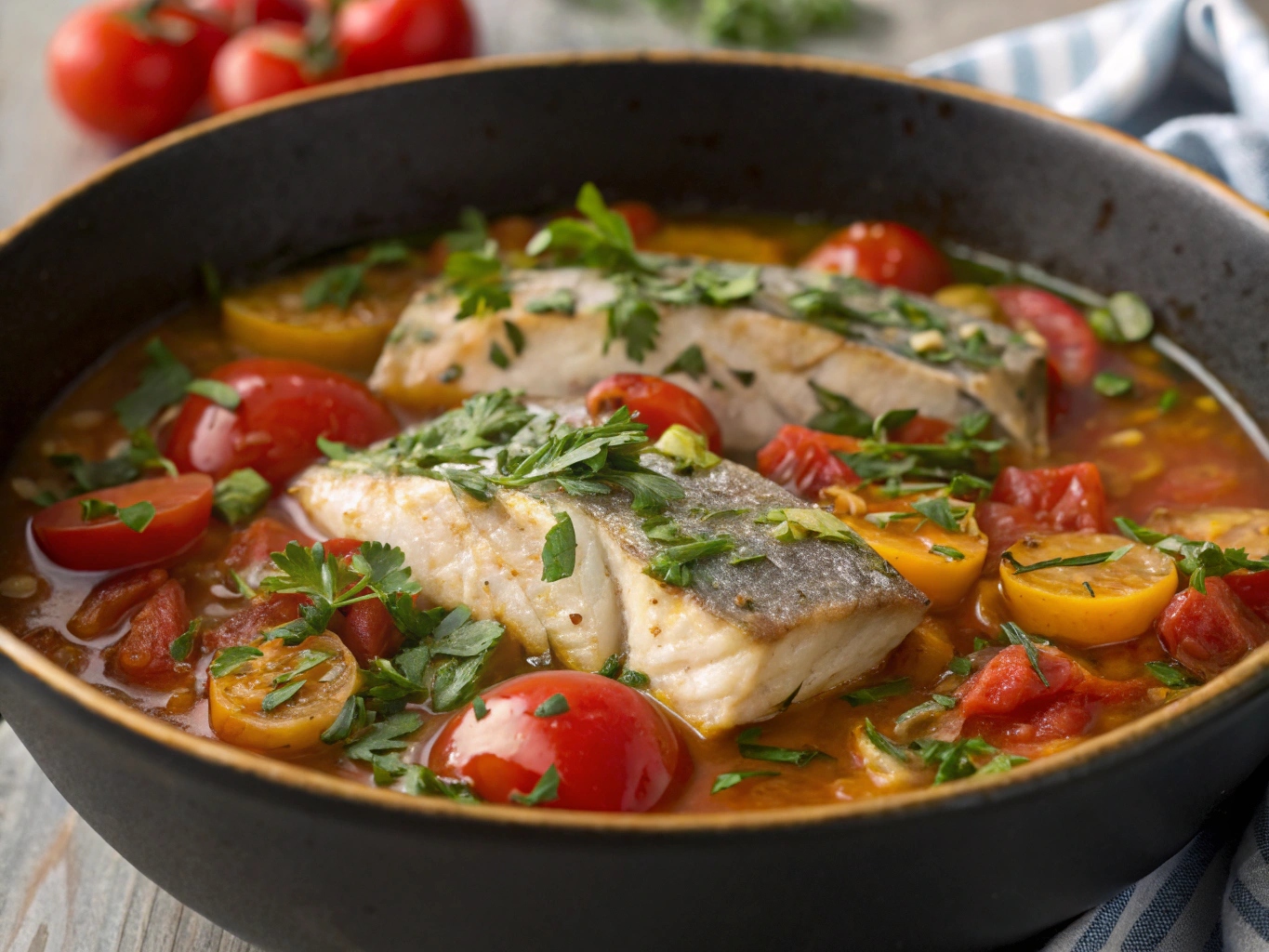 Medelhavsinspirerad fiskgryta med tomater och örter